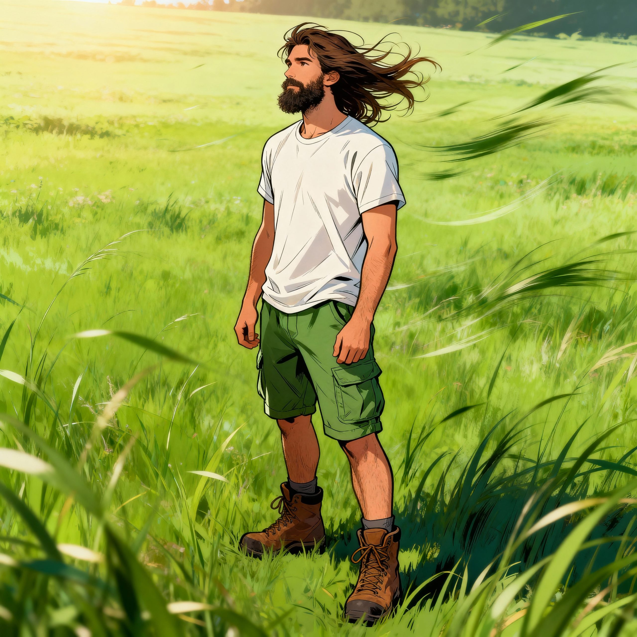Young Man Standing in a Windy Green Field