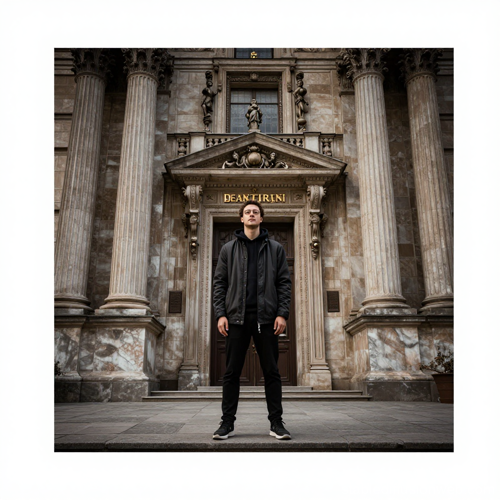 Young Man Standing in Front of Classical Building Entrance