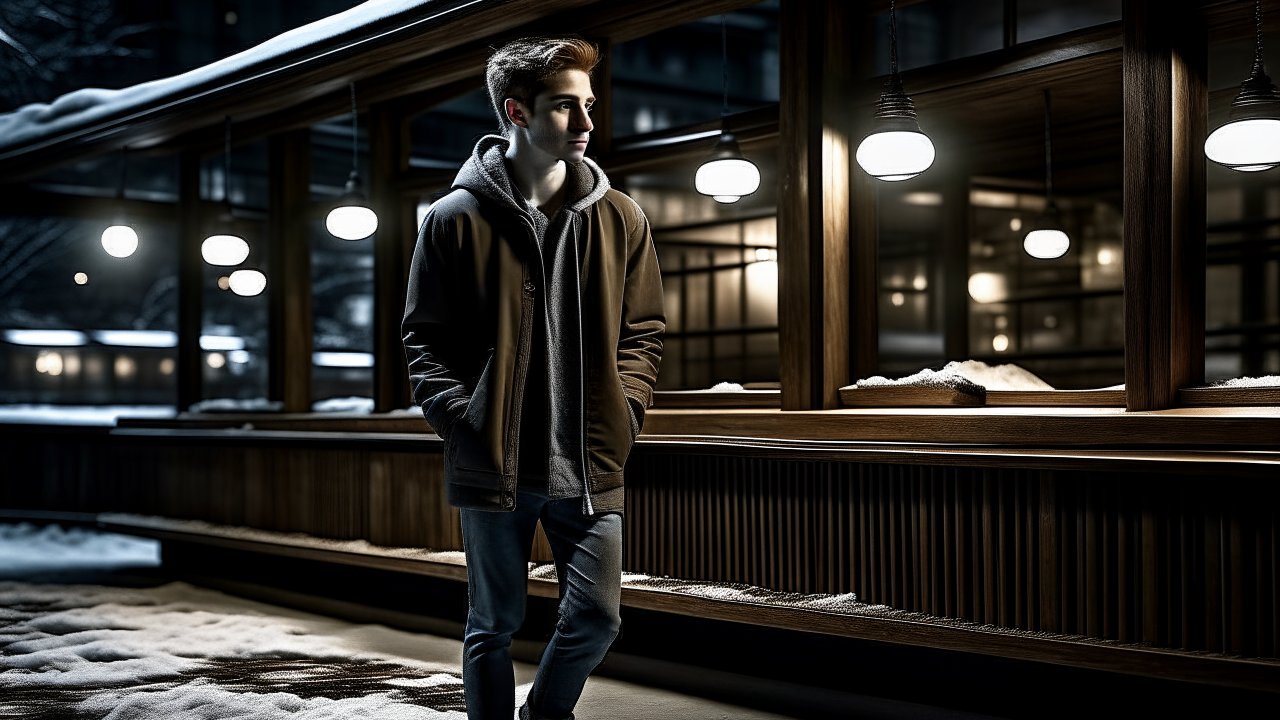 Young Man Standing Thoughtfully in Snowy Night Scene