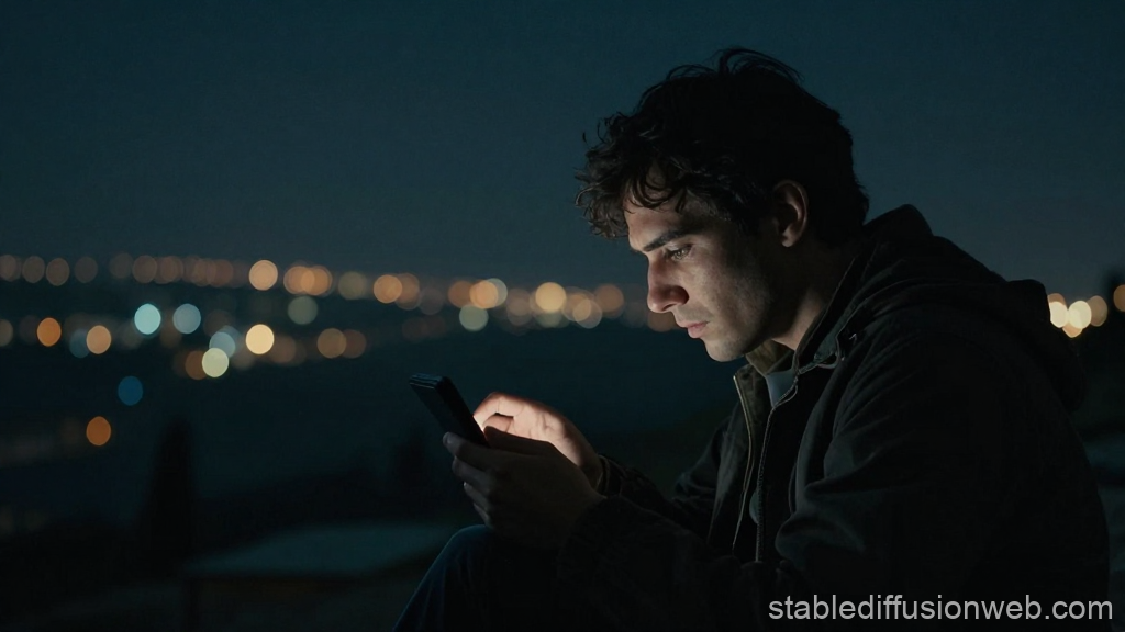 Young Man Using Smartphone at Night with City Lights