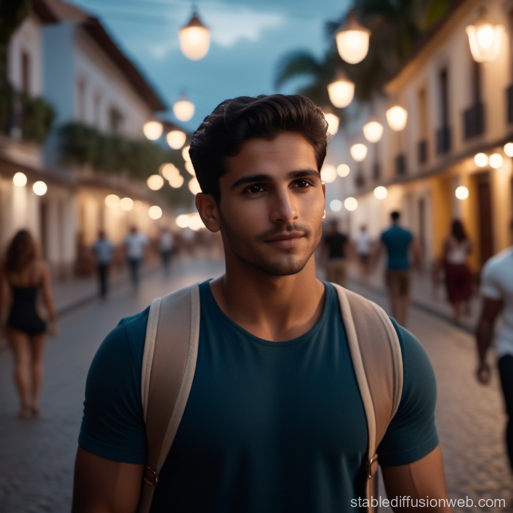 Young Man Walking in a Vibrant Evening Street