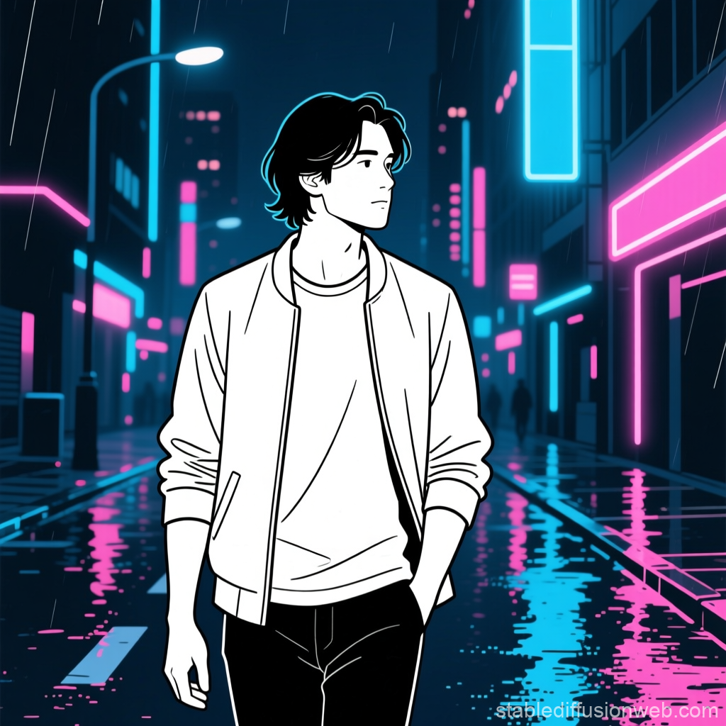 Young Man Walking in Neon City at Night
