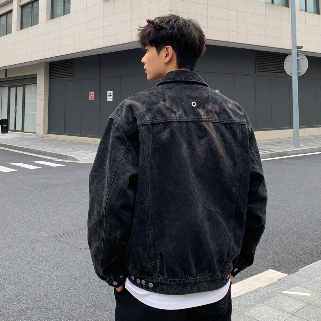 Young Man Wearing Black Denim Jacket on Urban Street