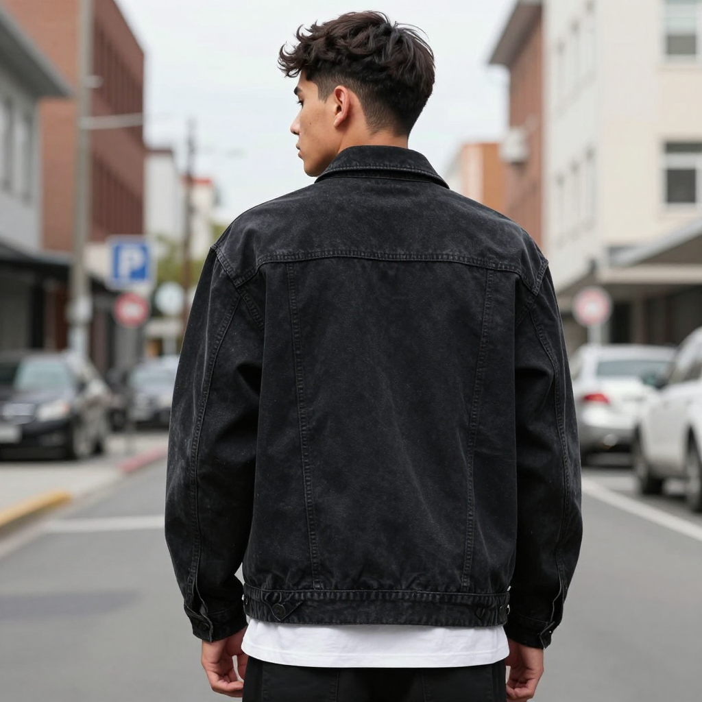 Young Man Wearing Black Denim Jacket on Urban Street