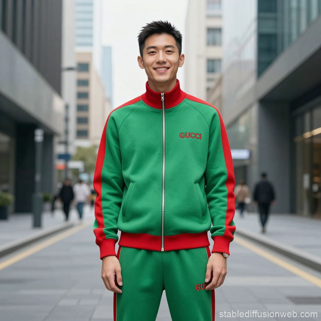 Young Man Wearing Gucci Tracksuit in Urban Setting
