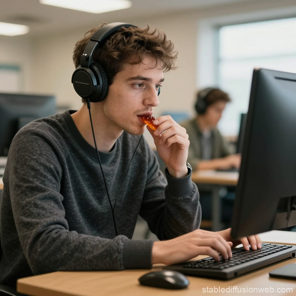 Young Man Wearing Headphones Eating Gummy While Working on Computer