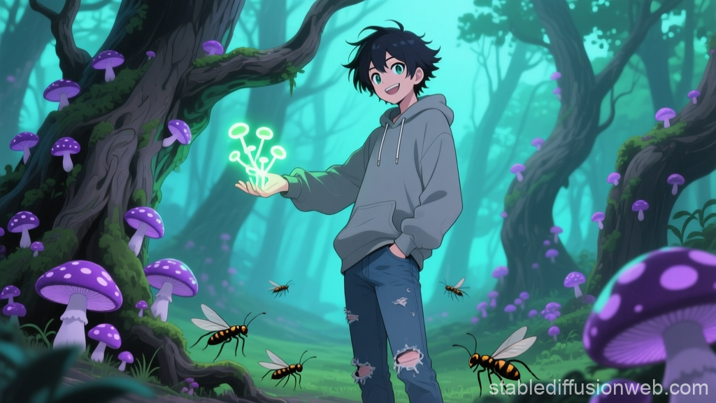 Young Man with Bioluminescent Mushrooms in Enchanted Forest