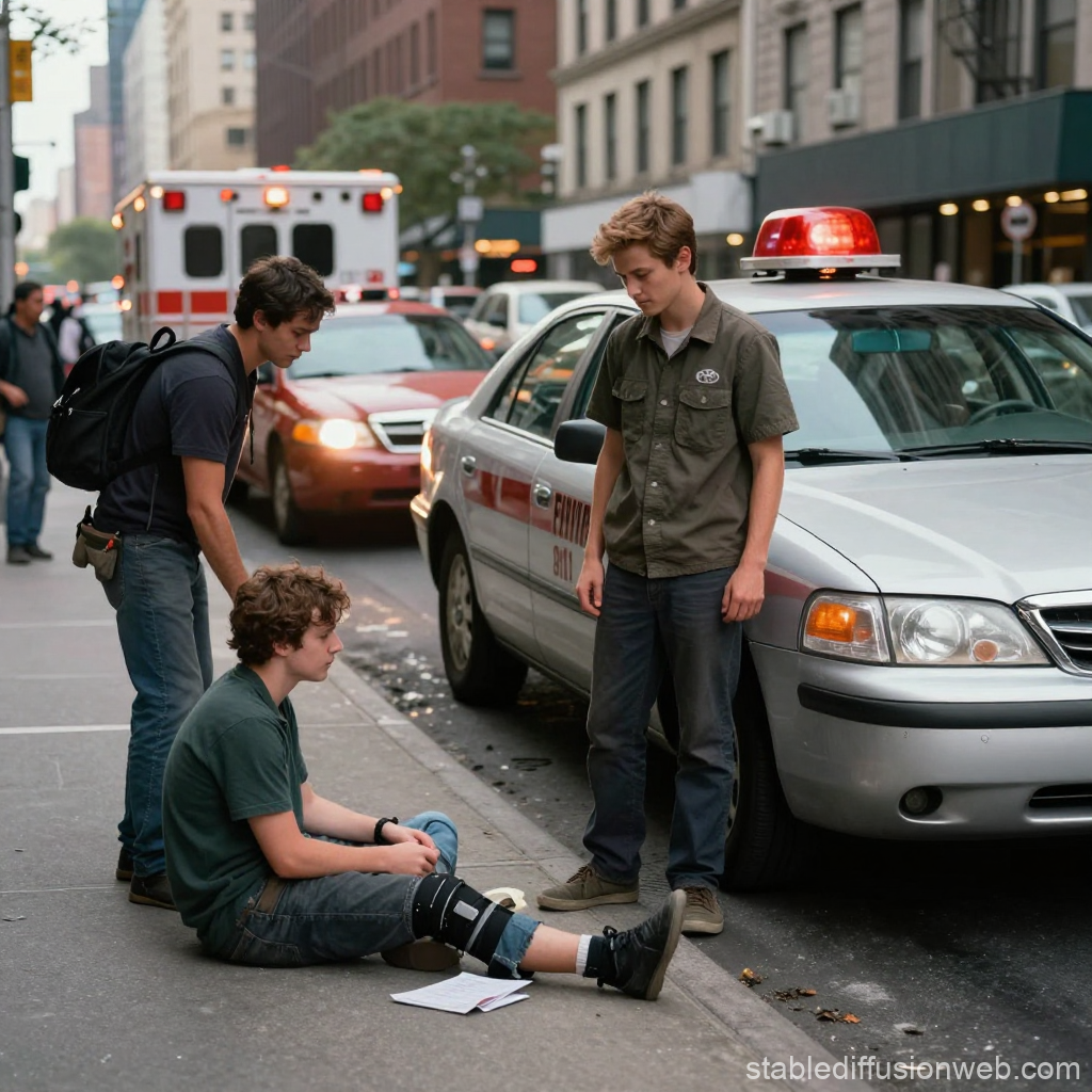 Young Man with Leg Injury Assisted on City Sidewalk