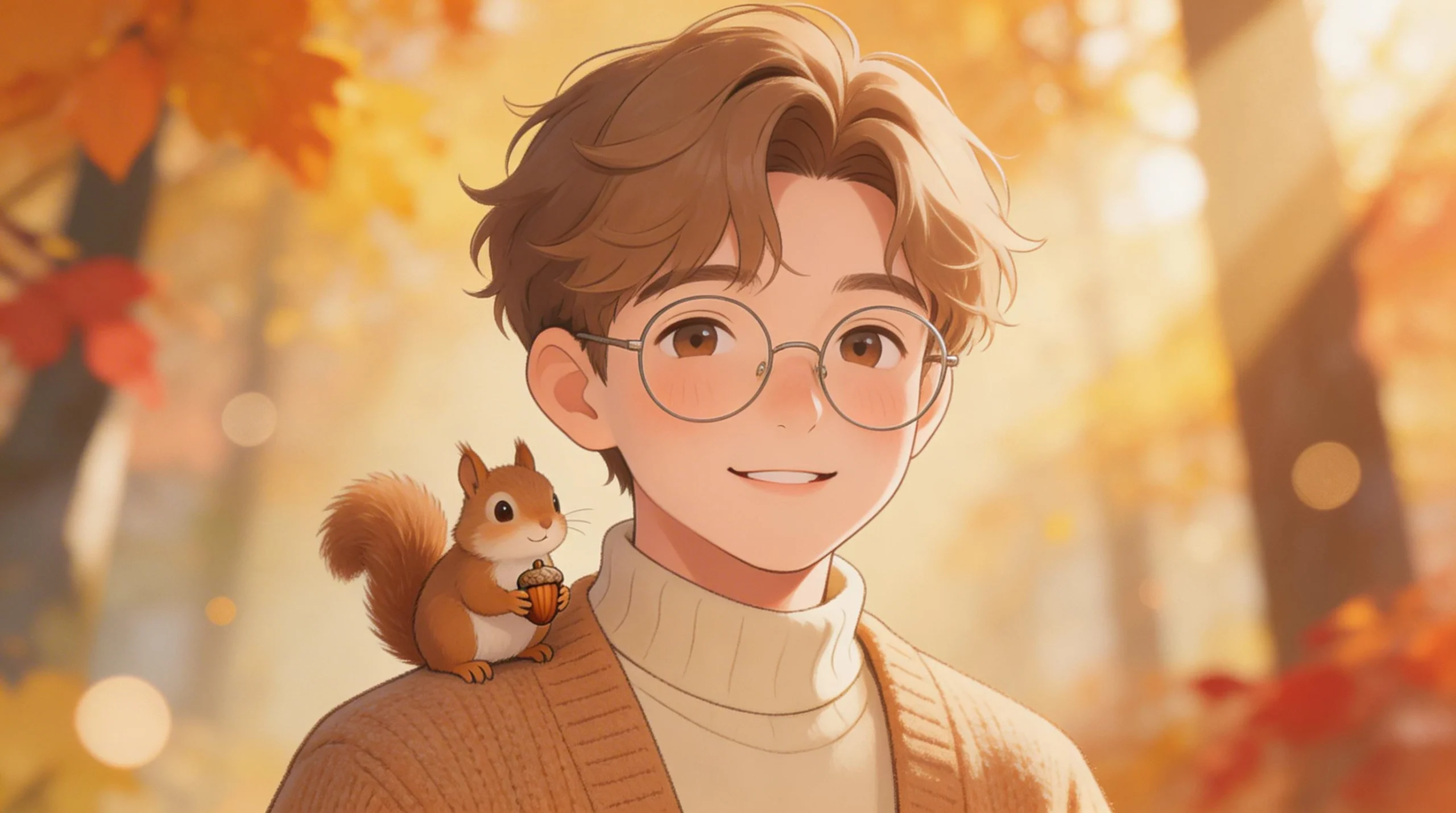 Young Man with Squirrel in Autumn Forest