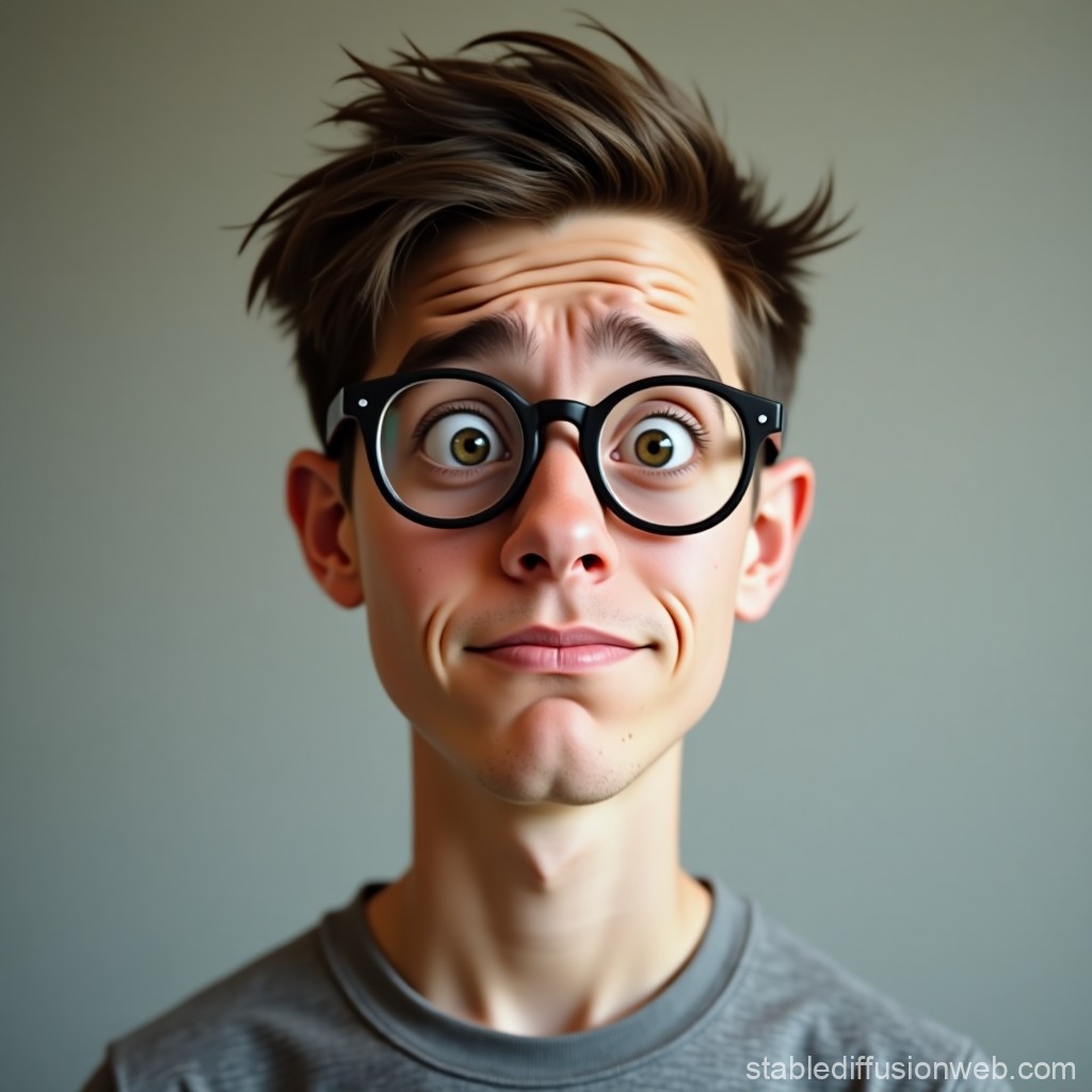 Young Man with Surprised Expression Wearing Glasses