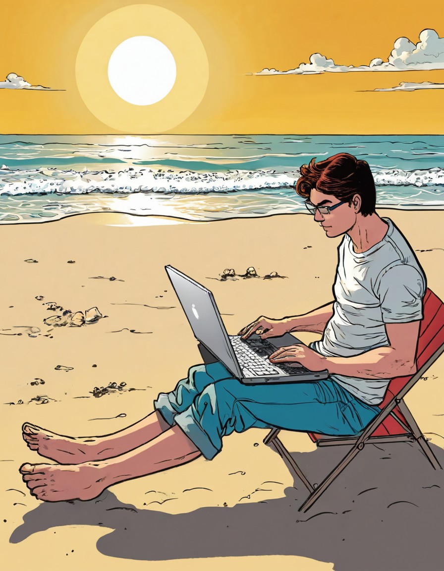Young Man Working on Laptop at the Beach During Sunset