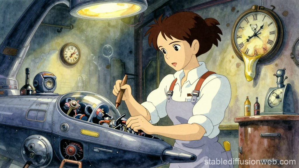 Young Mechanic Working on a Steampunk Machine