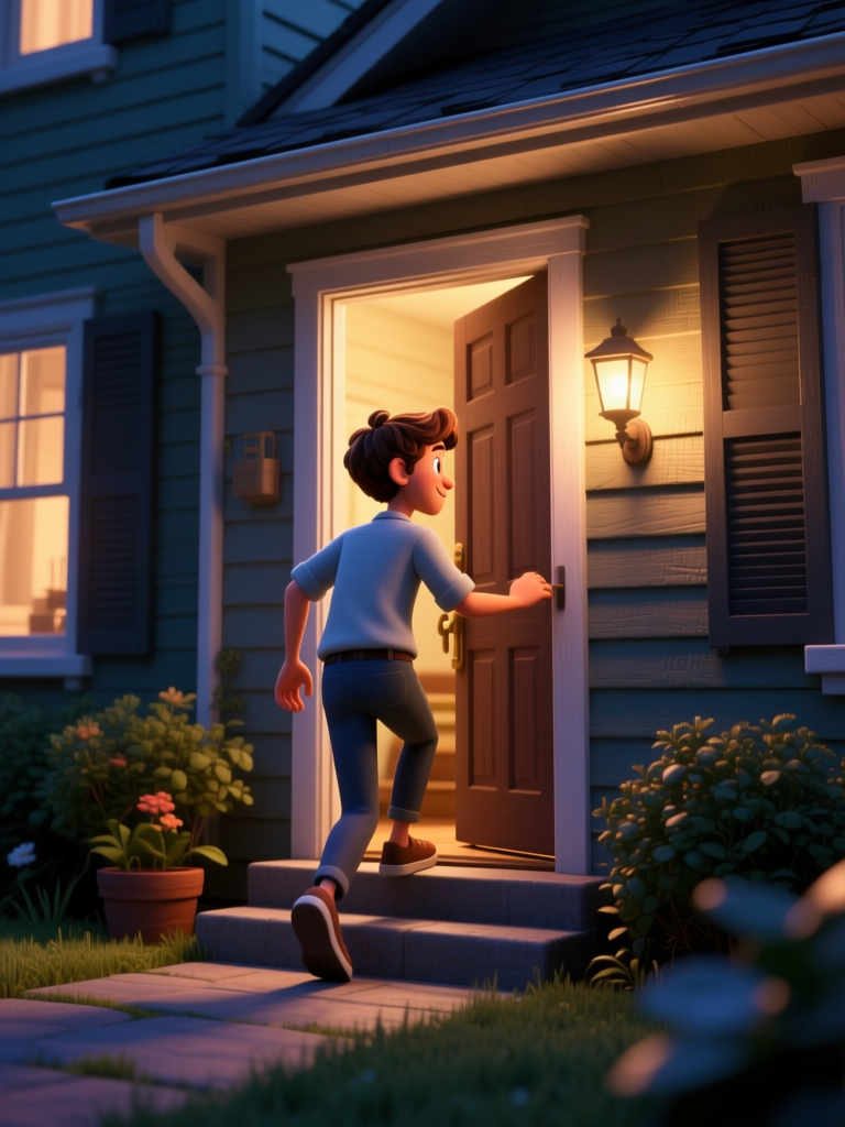 Young Person Entering Cozy Home at Dusk
