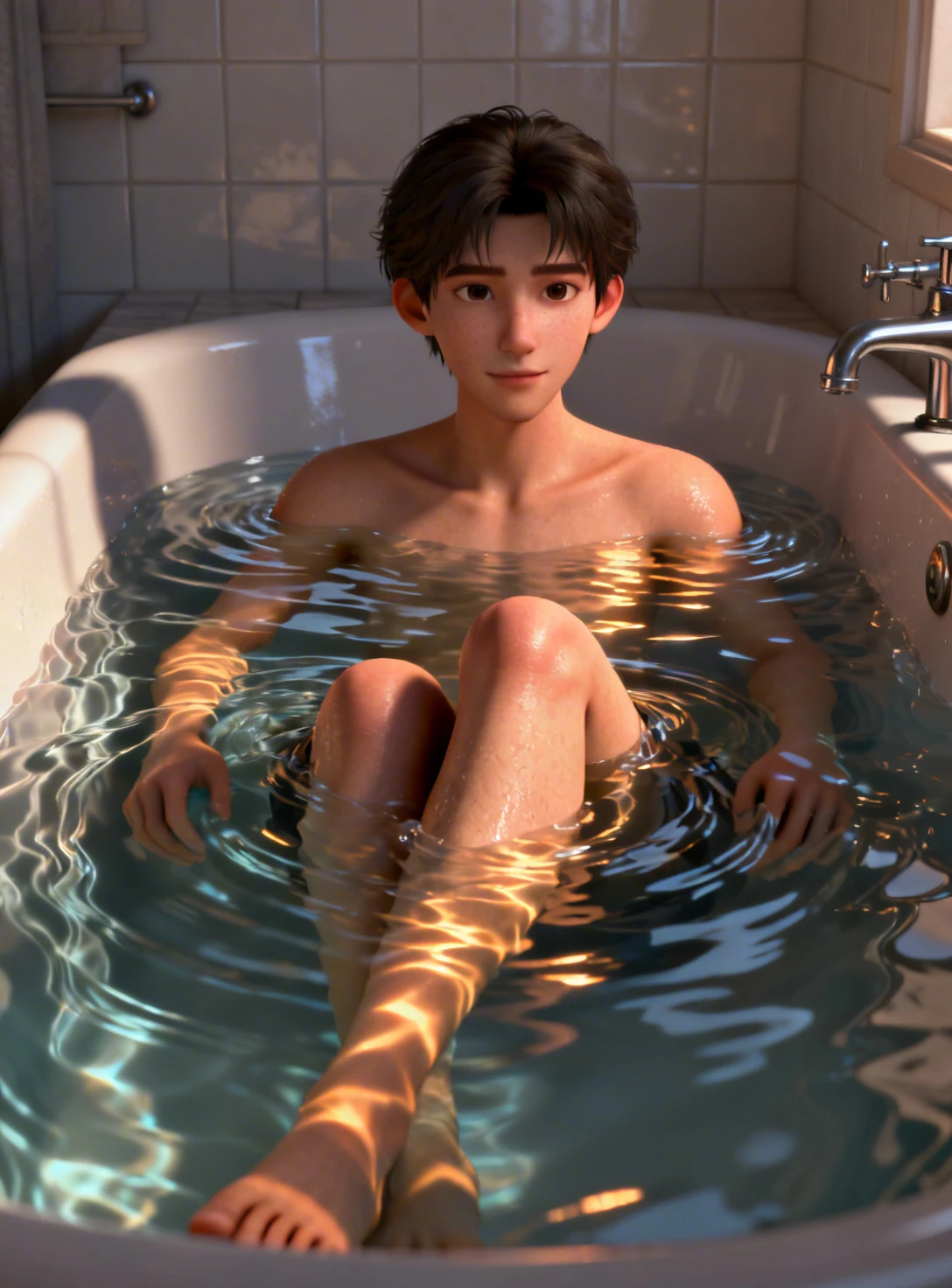 Young Person Relaxing in Bathtub with Soft Lighting