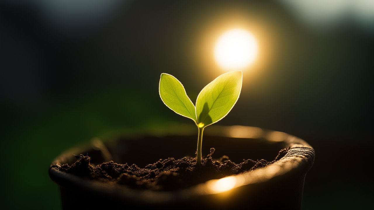 Young Plant Seedling Growing in Pot with Sunlight