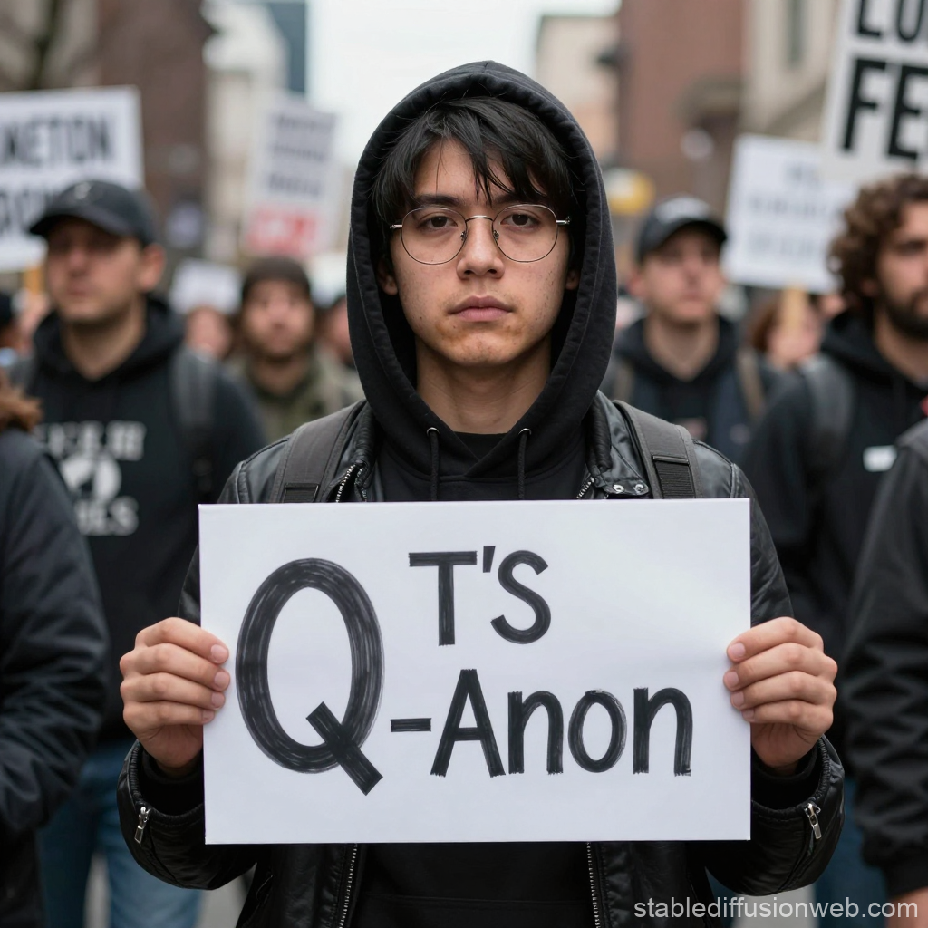 Young Protester Holding Q-Anon Sign at Rally