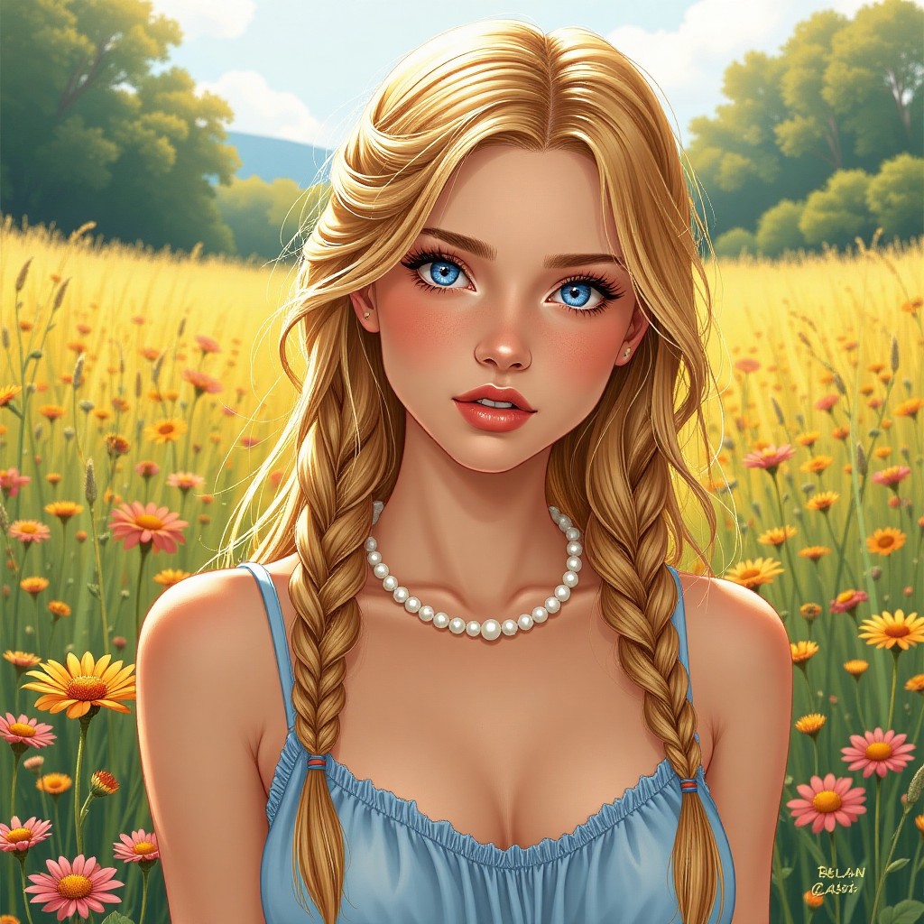 Young Scandinavian Woman in a Sunny Flower Field
