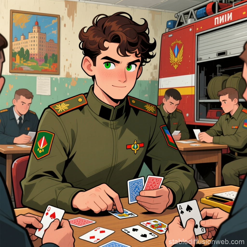 Young Sergeant Playing Cards in Military Room