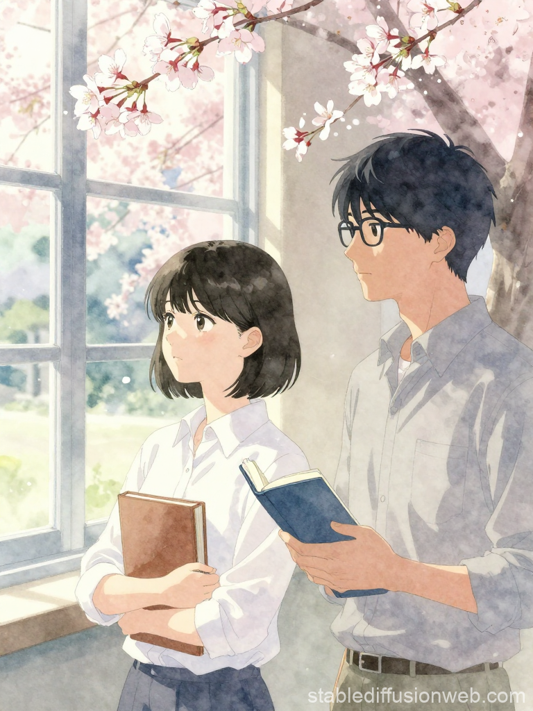 Young Students Reading by Window with Cherry Blossoms