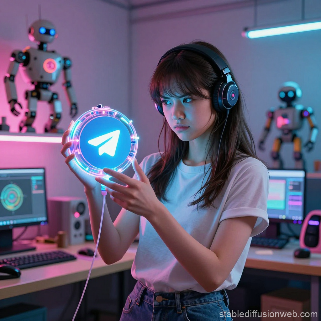 Young Tech Creator Holding Glowing Telegram Logo in Futuristic Room