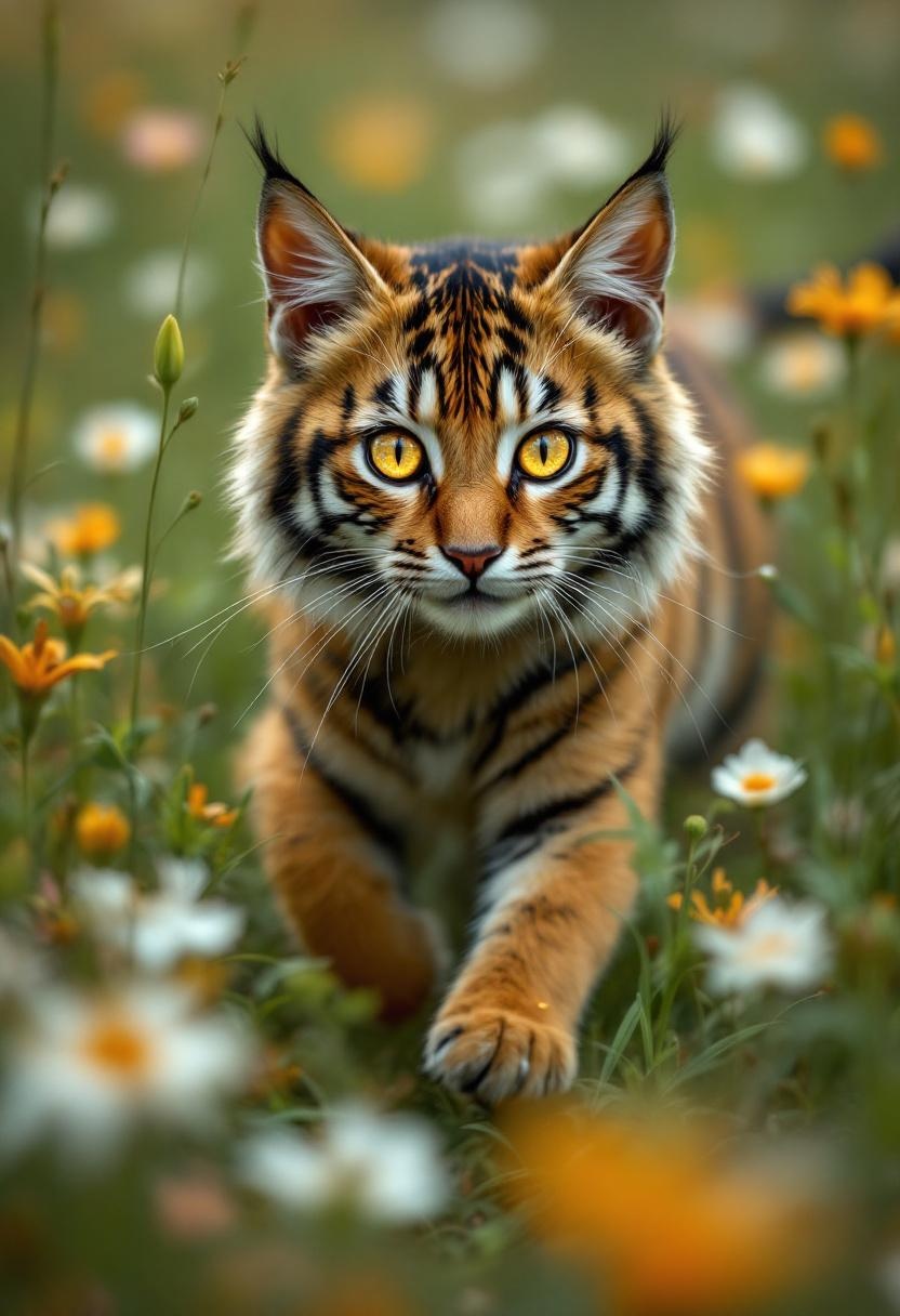 Young Tiger Walking Through a Flower Field