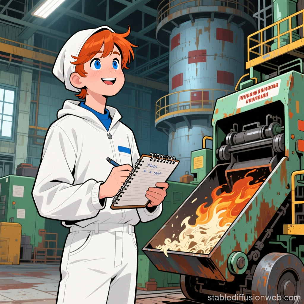 Young Trainee in Industrial Facility with Fiery Machine