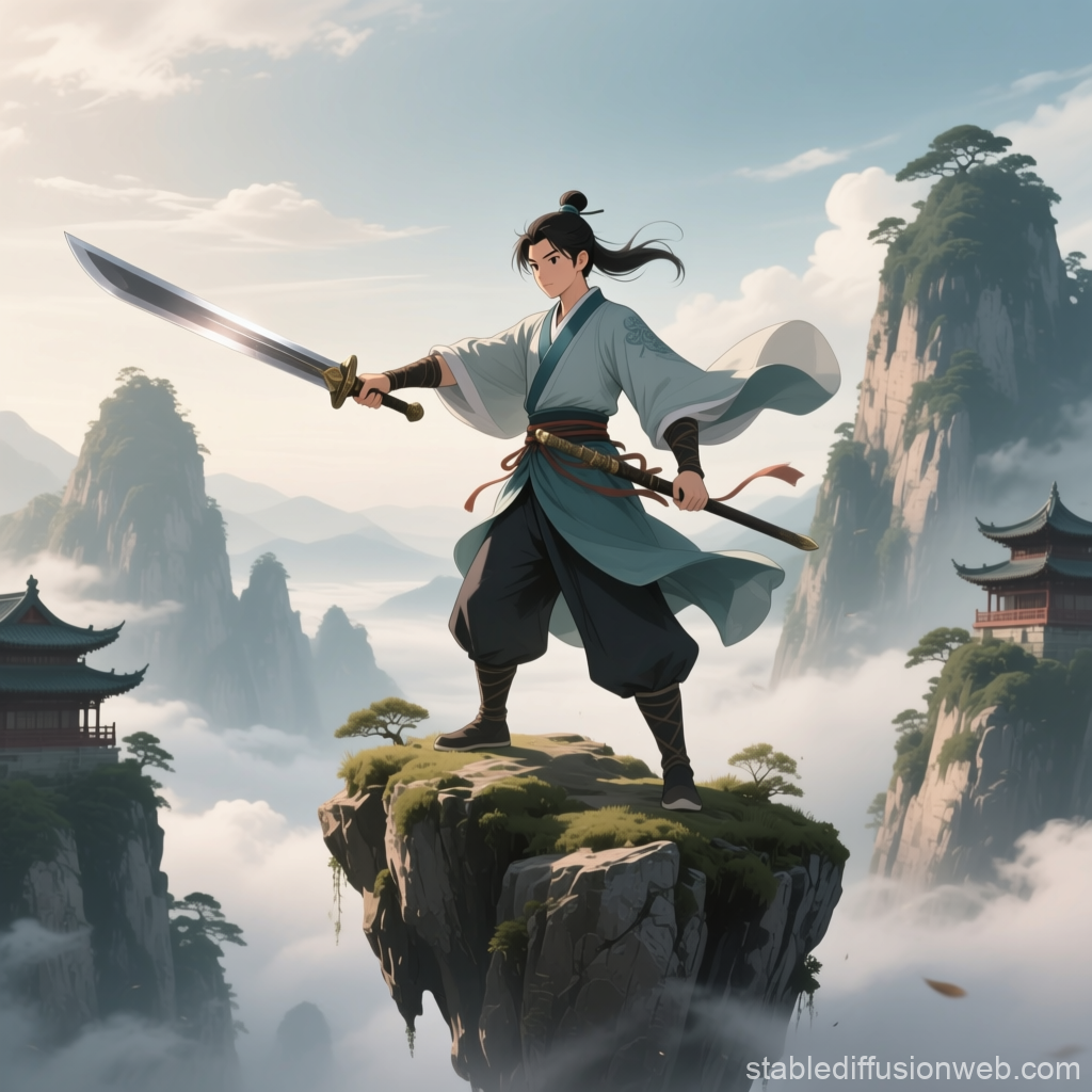 Young Warrior Standing on Floating Rock in Misty Mountains