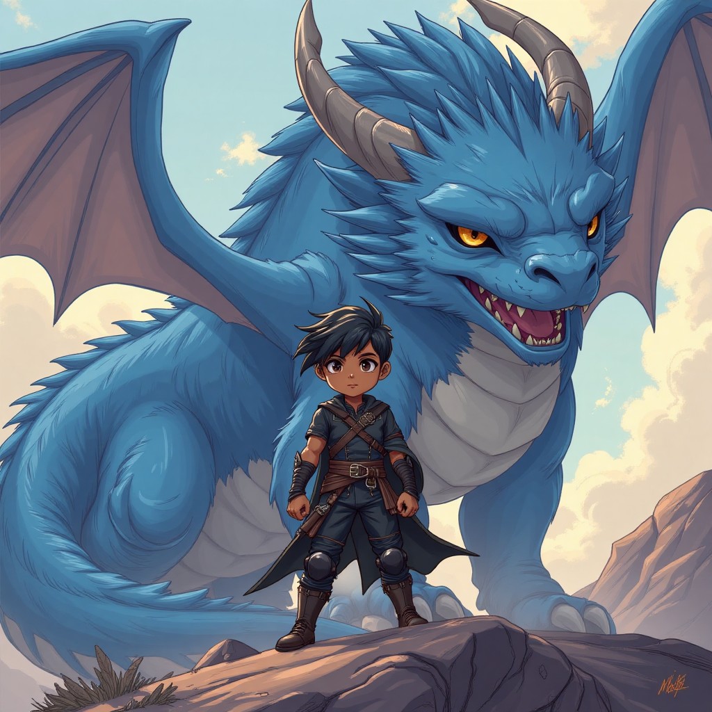 Young Warrior with Majestic Blue Dragon