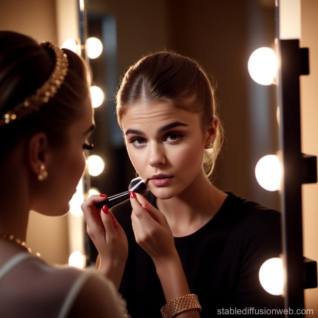 Young Woman Applying Makeup in Front of Vanity Mirror