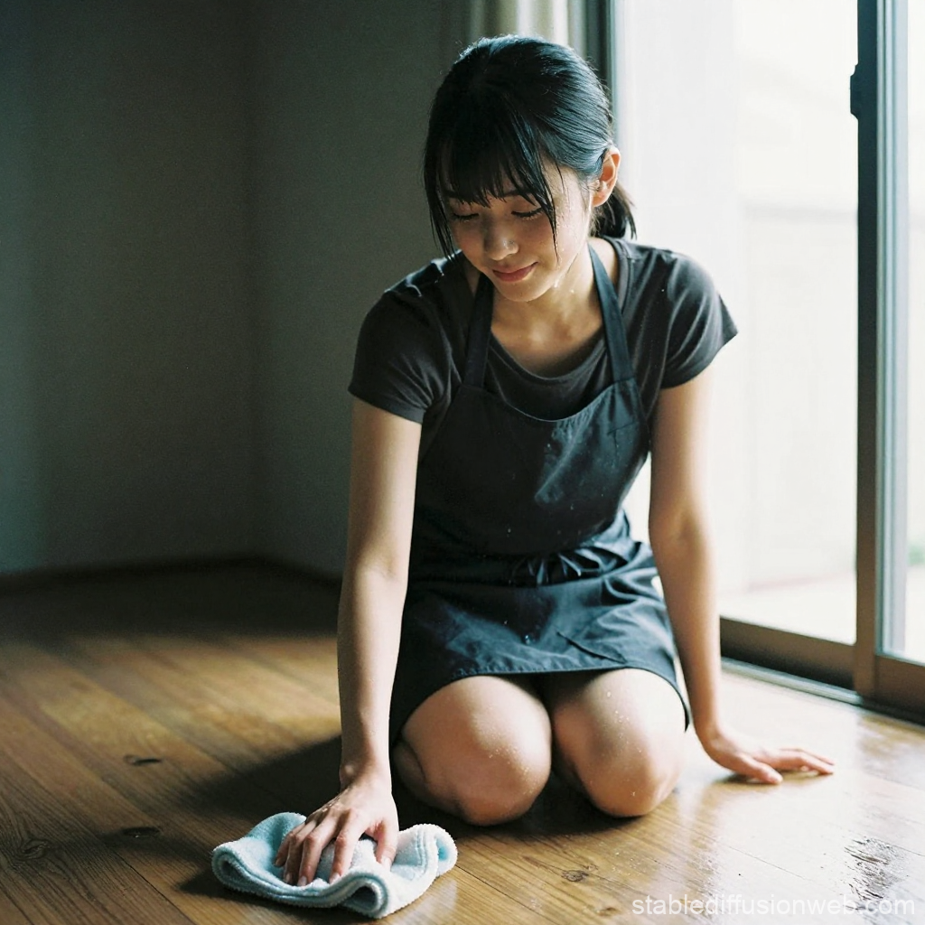 Young Woman Cleaning Wooden Floor by Window Light
