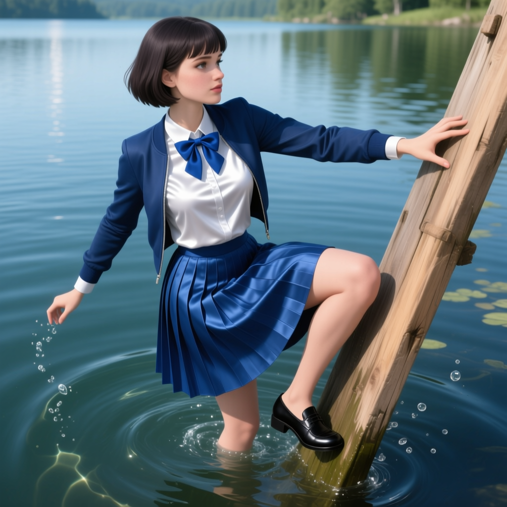Young Woman Climbing Wooden Ladder in Lake