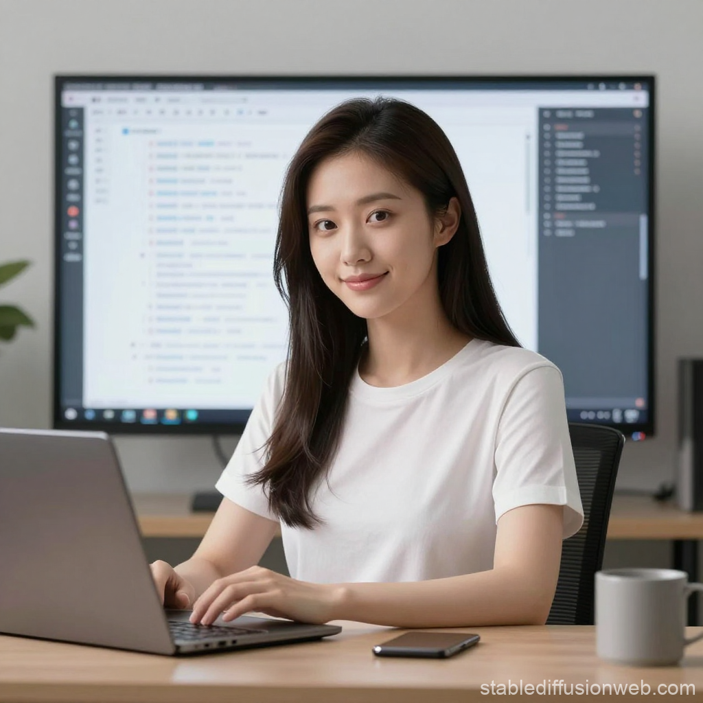 Young Woman Coding on Laptop in Modern Office