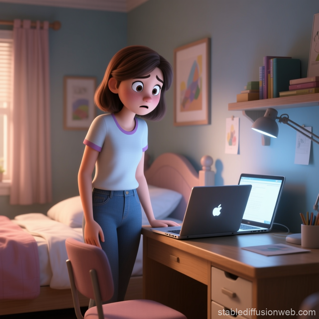 Young Woman Hesitant at Desk with Laptop in Cozy Room