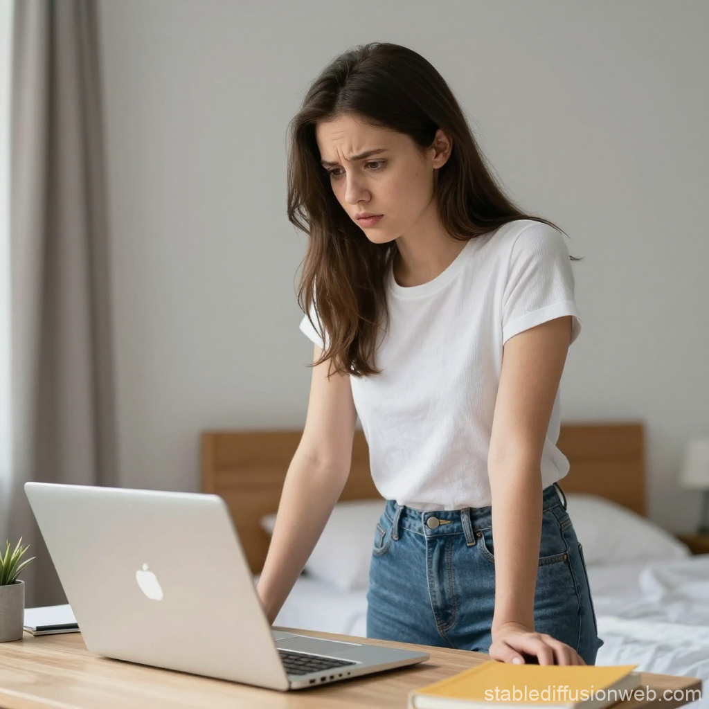 Young Woman Hesitating While Looking at Laptop