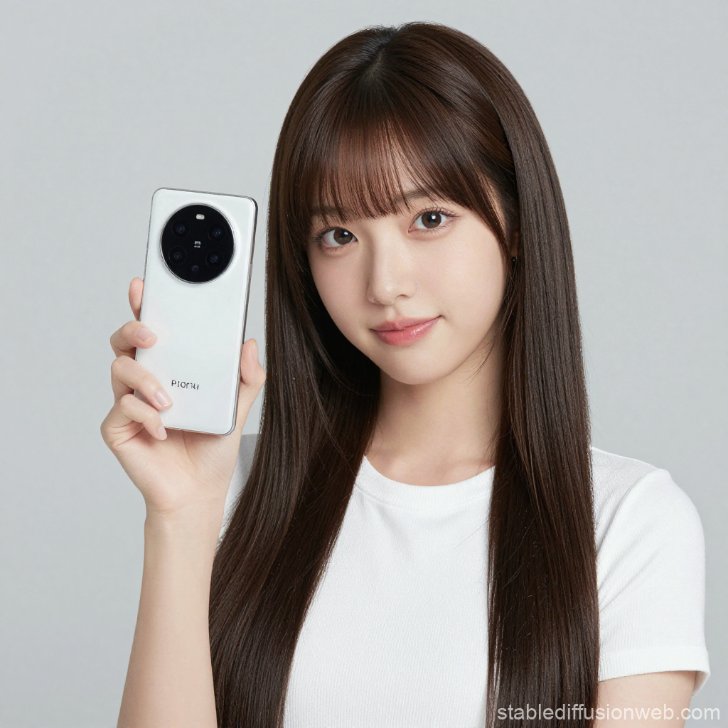 Young Woman Holding Modern Smartphone with Circular Camera Module