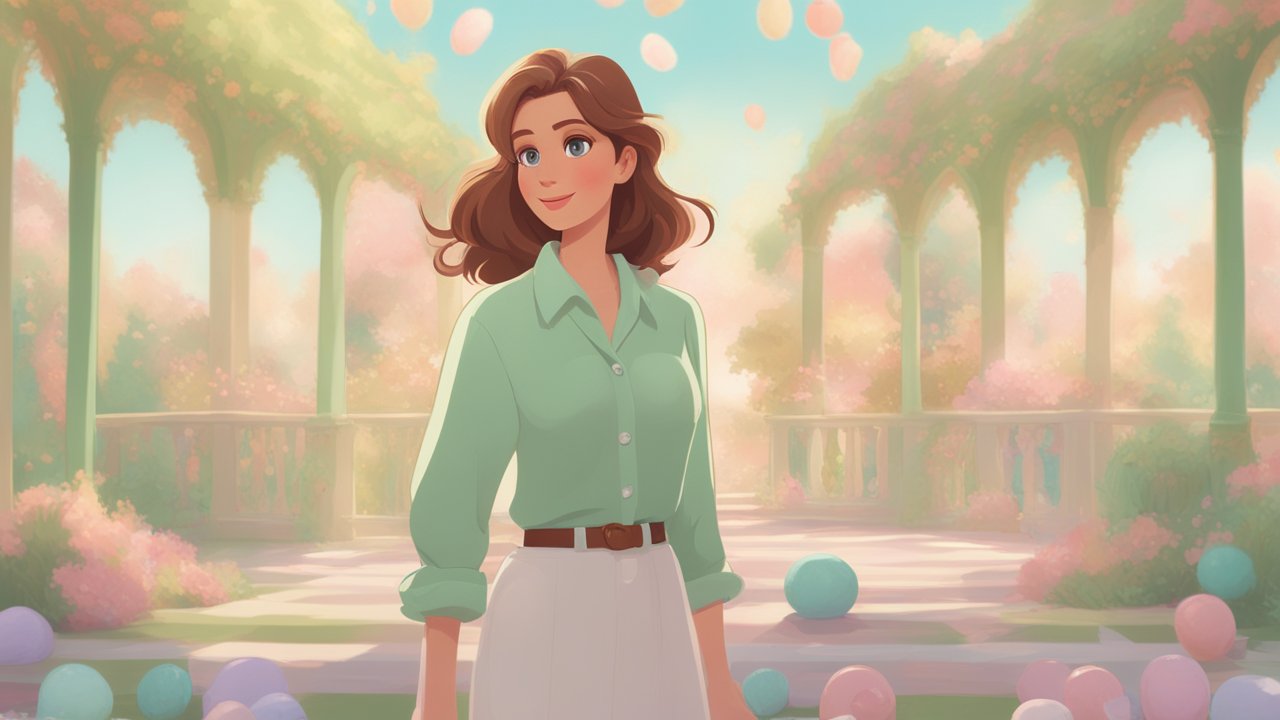 Young Woman in a Dreamy Garden with Pastel Balloons
