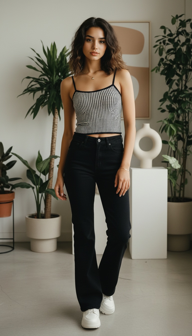 Young Woman in Casual Outfit Standing Indoors