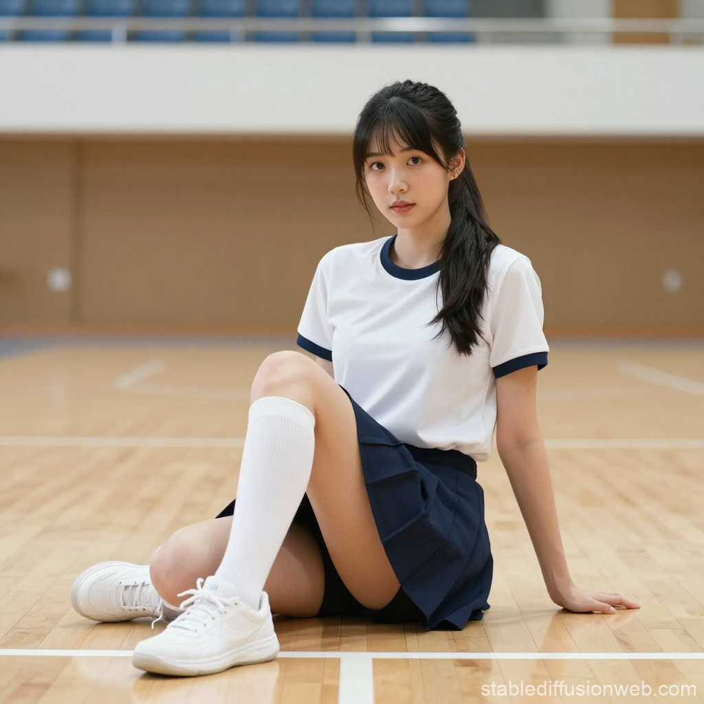 Young Woman in Gym Skirt Sitting on Indoor Court
