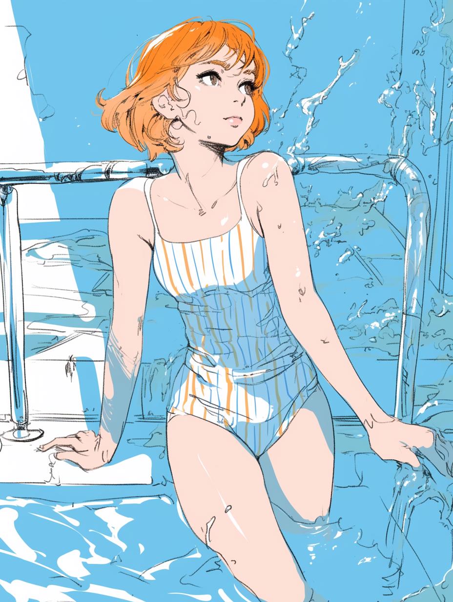 Young Woman in Striped Swimsuit by Poolside