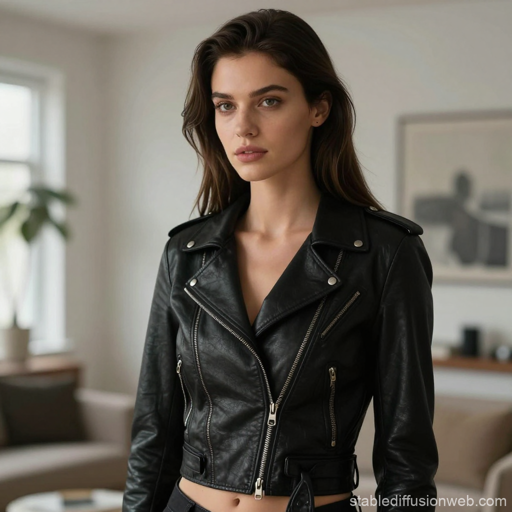 Young Woman in Stylish Black Leather Jacket