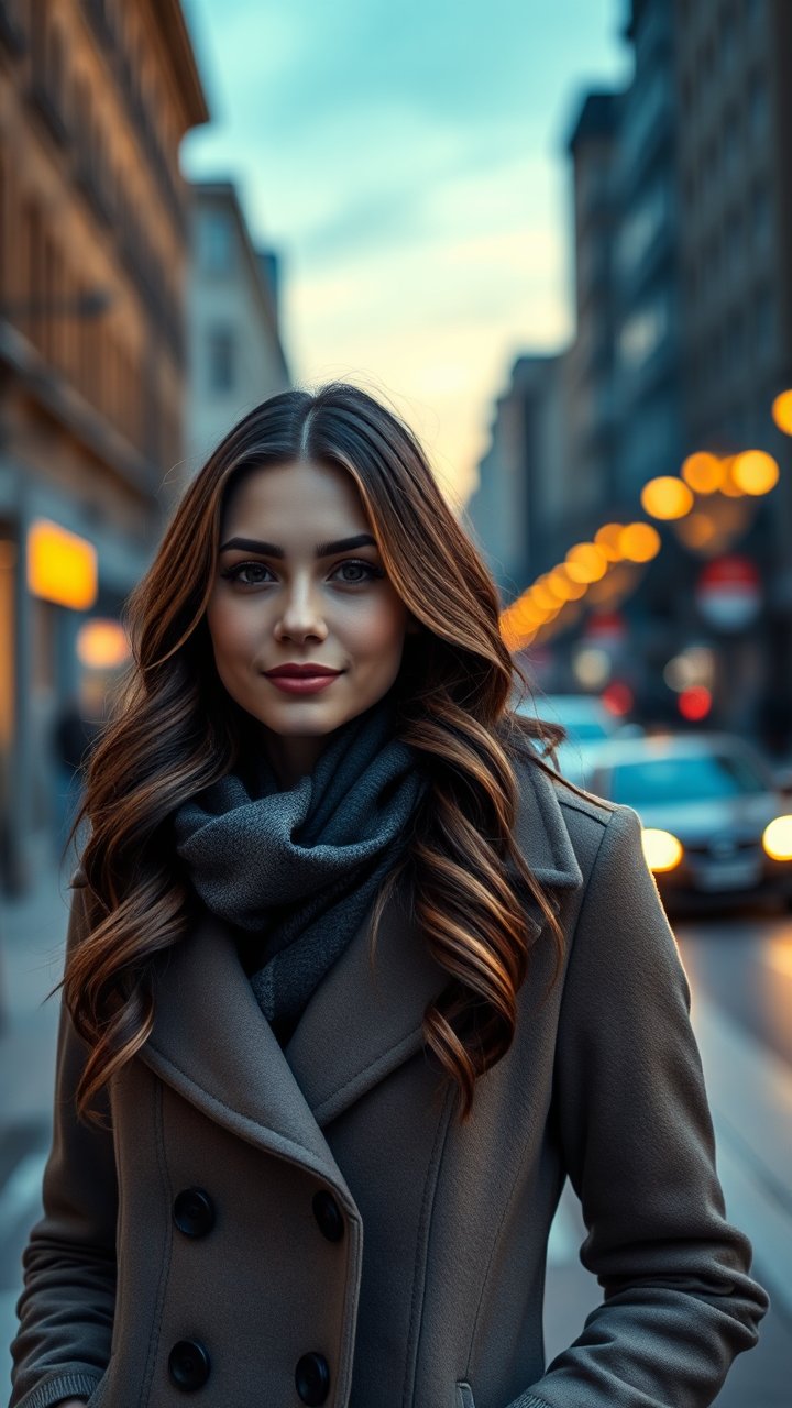Young Woman in Stylish Coat on City Street at Dusk