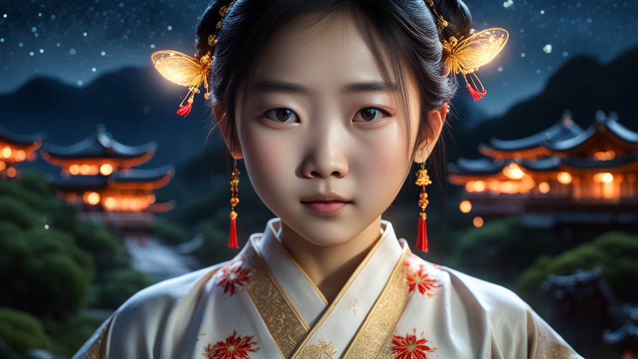 Young Woman in Traditional Asian Attire at Night