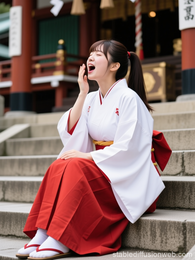 Young Woman in Traditional Miko Attire at Shrine Steps