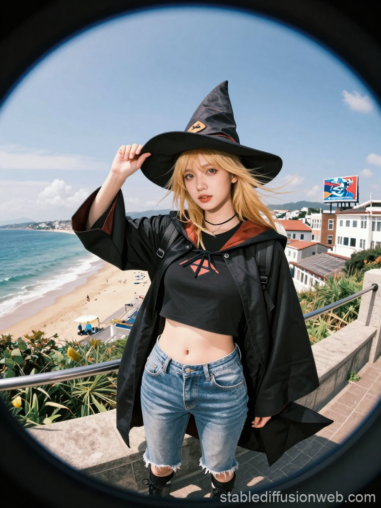 Young Woman in Witch Costume at Beach with Fisheye Lens