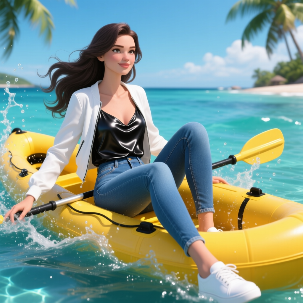 Young Woman Kayaking on Tropical Beach
