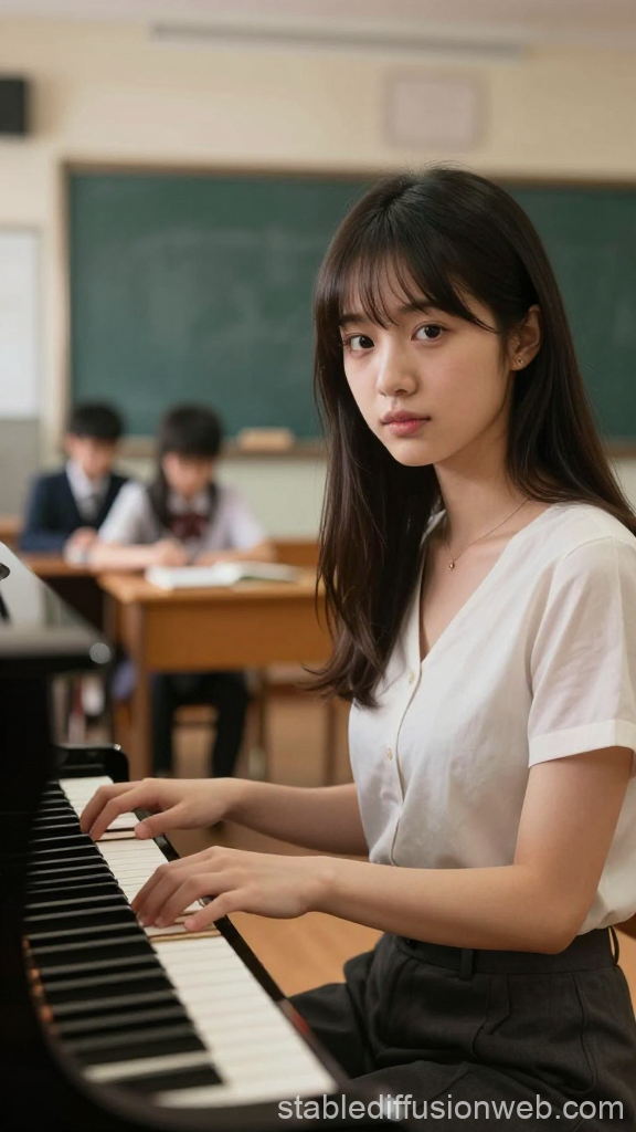 Young Woman Playing Piano in Classroom