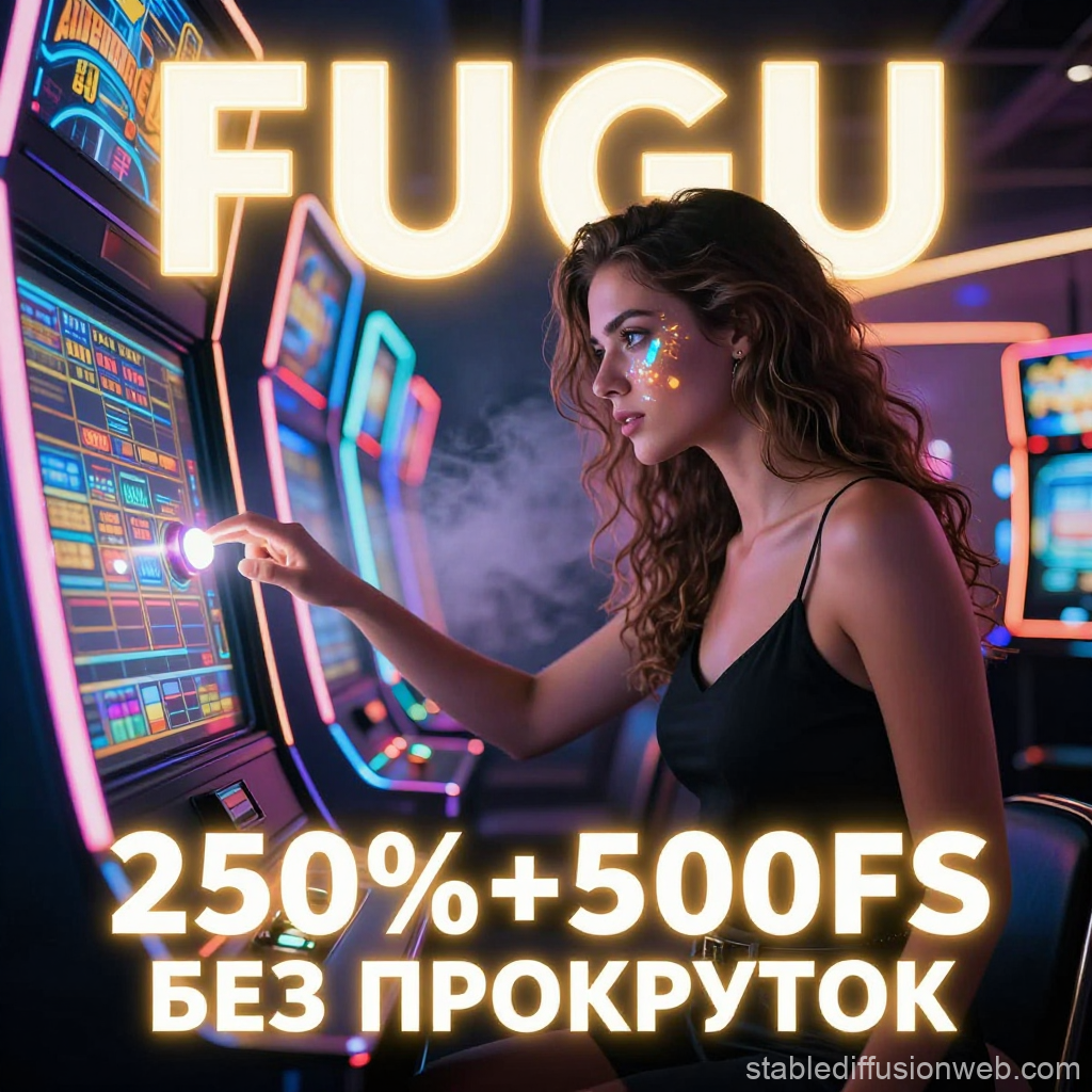 Young Woman Playing Slot Machine in Neon Casino
