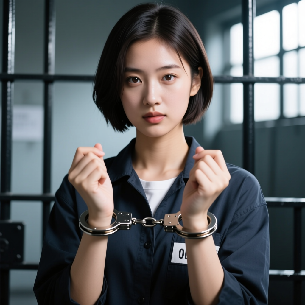 Young Woman Prisoner in Handcuffs Behind Bars