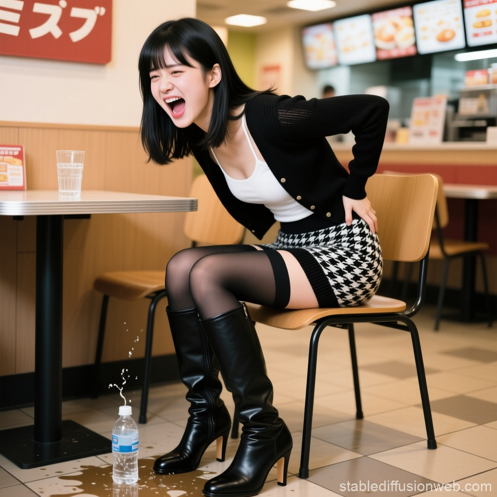 Young Woman Reacting to Spilled Water in Cafe