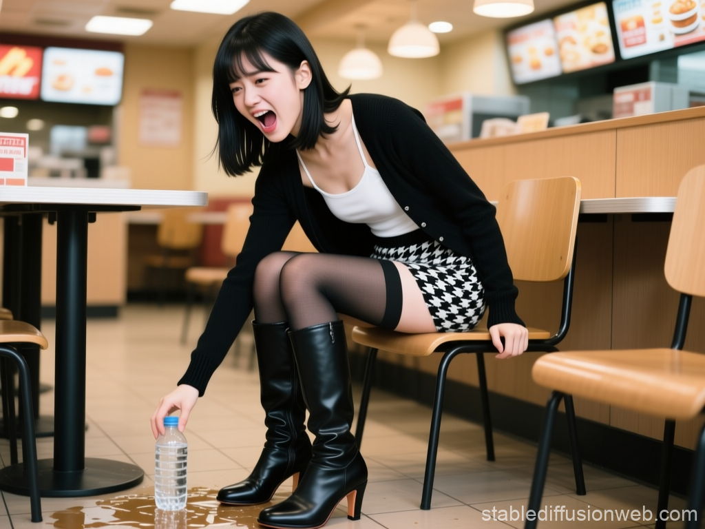Young Woman Reacting to Spilled Water in Fast Food Restaurant